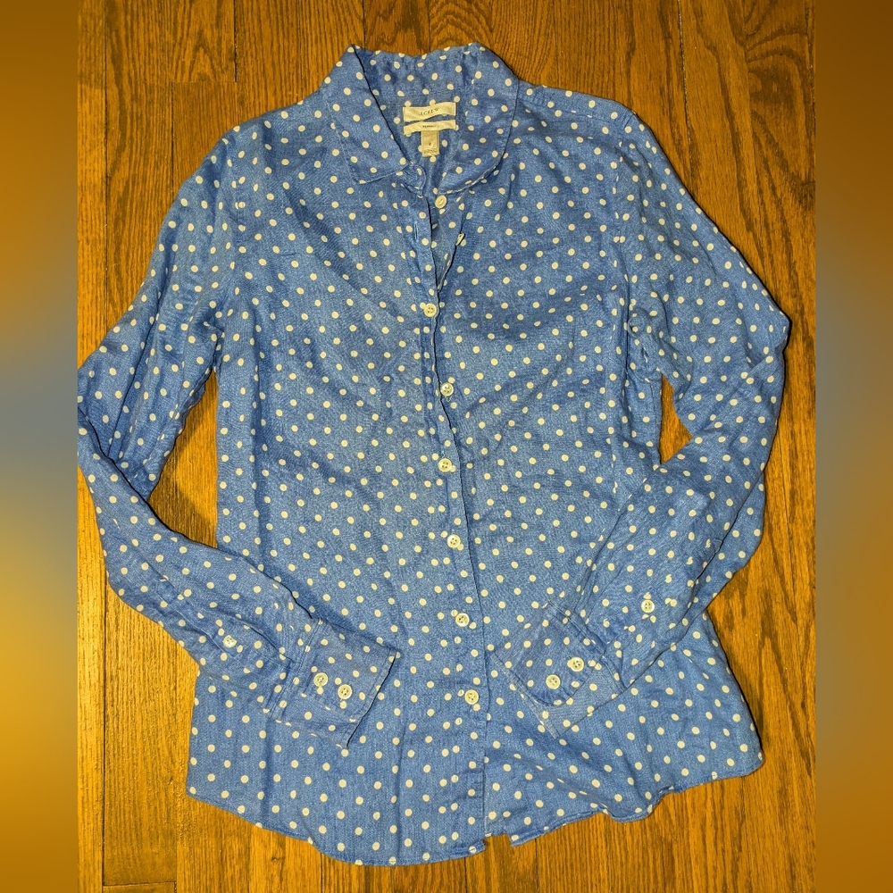 J Crew Blue Polka Dot Linen Button Down Shirt Sz 2